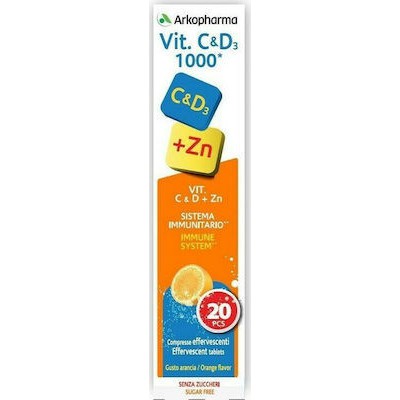 ARKOPHARMA Vitamin C , D3 + Zn 1000 IU Συμπλήρωμα Διατροφής Για Το Ανοσοποιητικό Με Γεύση Πορτοκάλι 20 Αναβράζοντα Δισκία