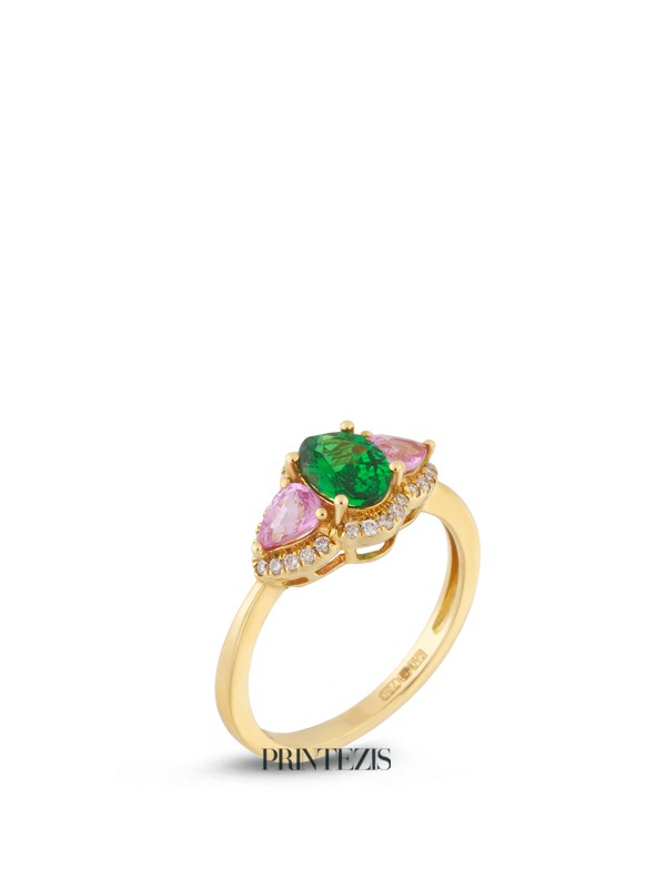 Δαχτυλίδι Χρυσό Κ18 με Πράσινη Γρανάδα, Ροζ Ζαφείρια και Διαμάντια