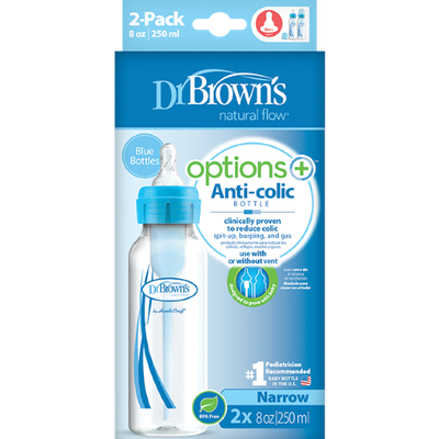 DR. BROWN'S Options + Anti-Colic Bottle Πλαστικό Μπιμπερό Με Στενό Λαιμό Και Θηλή Σιλικόνης 0m+ 250ml 2 Τεμάχια