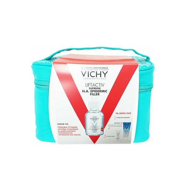 Vichy Promo Pack with Liftactiv Supreme H.A. Epidermic Filler, 30ml & Mineral 89 Booster, 10ml & UV Age Daily SPF50, 3ml & Beauty Pouch, 1 set