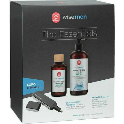 VICAN Wise Men The Essentials  Shower Gel 3in1 Αφρόλουτρο 500ml & Beard & Hair Shampoo Ανδρικό Σαμπουάν Για Μαλλιά & Γενειάδα 200ml & ΔώροTrimmer