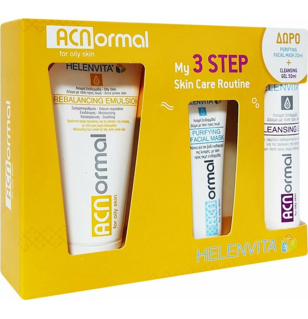 Helenvita ACNormal My 3 Step Skin Care Routine, Rebalancing Emulsion 60ml & Δώρο Purifying Facial Mask 20ml, Cleansing Gel 50ml