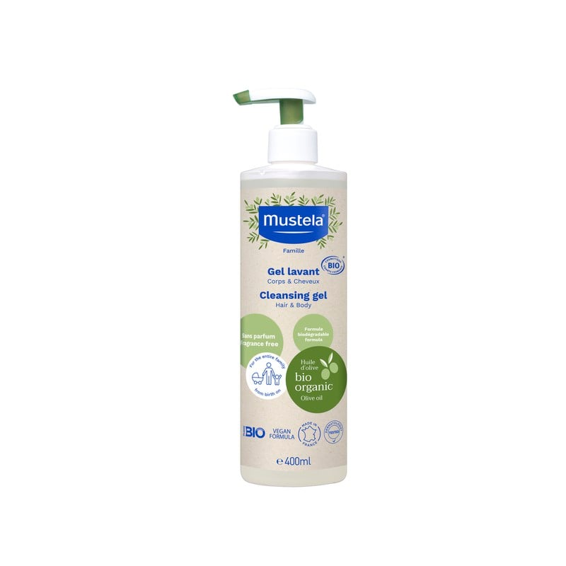 Organic Certified Cleansing Gel Body & Hair Mustela®  Βιολογικά Πιστοποιημένο τζελ καθαρισμού για σώμα & μαλλιά με Βιολογικό Ελαιόλαδο