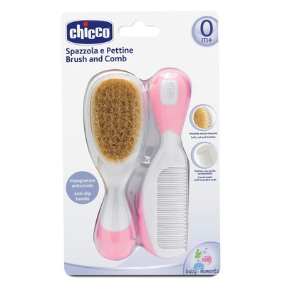 CHICCO Brush & Comb Βούρτσα και Χτένα Με Φυσική Τρίχα Παιδική Ροζ
