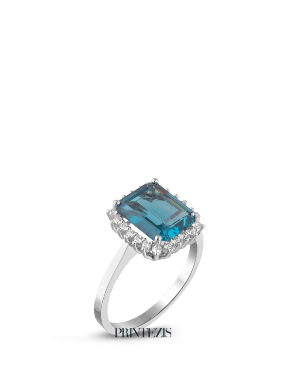 Μονόπετρο Δαχτυλίδι Λευκόχρυσο Κ18 με London Blue 3,18ct και Διαμάντια