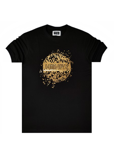 Henry clothing black tee gold planet logo