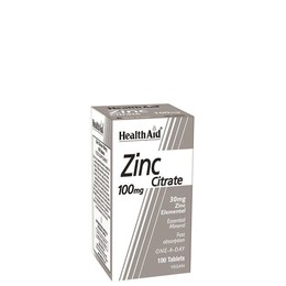 Health Aid Zinc Citrate 100mg Συμπλήρωμα Διατροφής με Ψευδάργυρο για τη Φυσιολογική Λειτουργία του Ανοσοποιητικού, την Καλή Υγεία Δέρματος & Αναπαραγωγικού, 100tabs