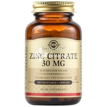 Solgar Zinc Citrate 30mg - Δέρμα Μαλλιά Νύχια, Ανοσοποιητικό, 100 veg. caps