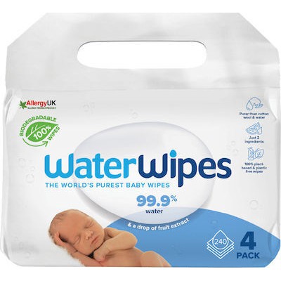 WATER Wipes Bio 100% Βιοδιασπώμενα Άοσμα Μωρομάντηλα Mε 99,9% Νερό, 4x60 (240) Τεμάχια