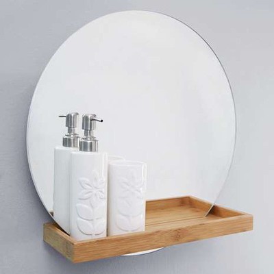 Bathroom mirror round Φ60cm with a wooden shelf