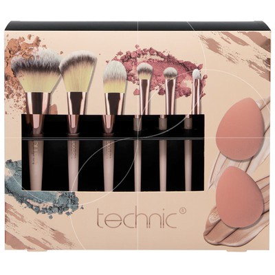 TECHNIC Cosmetic Brush & Sponge Set Σετ Με 6 Πινέλα Μακιγιάζ & 2 Σφουγγαράκια Make Up 