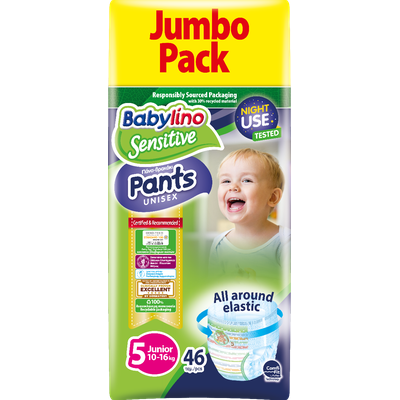 Babylino Sensitive Pants Night Use Unisex Νο.5 (10-16 kg) Απορροφητικές & Πιστοποιημένα Φιλικές Παιδικές Πάνες Βρακάκι, 46 Τεμάχια