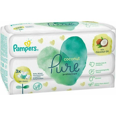 PAMPERS Pure Coconut Protection Baby Wipes Μωρομάντηλα Για Απαλή Καθαριότητα & Προστασία Με Έλαιο Καρύδας 3x42 126 Wipes