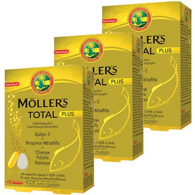 MOLLER`S Total Plus Ιχθυέλαιο Ωμέγα 3 84 Ταμπλέτες + Βιταμίνες & Μέταλλα, Τζίνσενγκ, Ροδιόλα & Κράταιγος 84 Κάψουλες