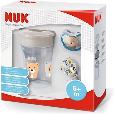NUK Magic Cup & Space Σετ Με Eκπαιδευτικό Διαφανές Ποτήρι Αρκουδάκι, 230ml & Κορδέλα Στήριξης & Πιπίλα Space Για 6+ Μηνών Σε Χρώμα Γκρι