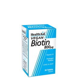 Health Aid Biotin 800mg 30tabs. Η Biotin βοηθά στην ανάπτυξη των μαλλιών, προλαμβάνει την απώλεια και το γκριζάρισμα καθώς επίσης είναι χρήσιμη σε δερματίτιδες και μυκητιάσεις (αντισηπτικές ιδιότητες).