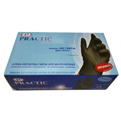 PRACTIC Μαύρα Γάντια Νιτριλίου Μίας Χρήσης Χωρίς Πούδρα - Συσκευασία 100 Τεμαχίων - Επιλέξτε Μέγεθος