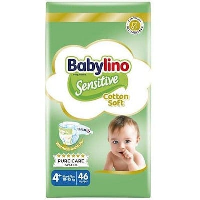 BABYLINO Sensitive Cotton Soft Νο.4+ (10-15 kg) Value Pack Απορροφητικές & Πιστοποιημένα Φιλικές Βρεφικές Πάνες 46 Τεμάχια