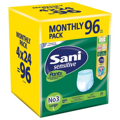 SANI Pants Sensitive Ελαστικό Εσώρουχο Ακράτειας Νο3 Large 96 Τεμάχια (4x24) Monthly Pack