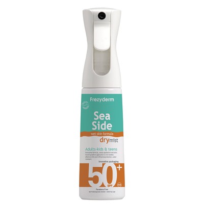 FREZYDERM  Sea Side Dry Mist SPF50, Αδιάβροχο Αντιηλιακό Spray Σώματος Για Παιδιά, Εφήβους & Ενήλικες 300ml