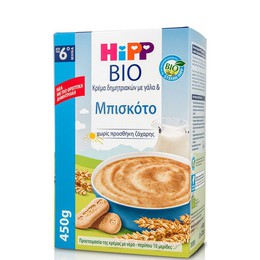 Hipp Bio Κρέμα Δημητριακών με Γάλα & Μπισκότο Χωρίς Προσθήκη Ζάχαρης 6m+ 450gr