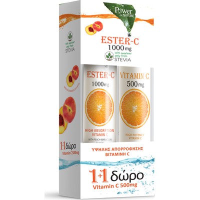 POWER HEALTH  Ester-C 1000mg Stevia Συμπλήρωμα Διατροφής Με Γεύση Πορτοκάλι & Στέβια 20 x Αναβράζοντα Δισκία + Δώρο Βιταμίνη C Με Γεύση Πορτοκάλι 500mg  20 x Αναβράζοντα δισκία