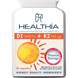 Healthia D3 3000 IU + K2 100μg Συμπλήρωμα Διατροφής Βιταμίνης D & K2 για Καλή Υγεία Οστών, Ανοσοποιητικού & Καρδιαγγειακού Συστήματος, 90caps