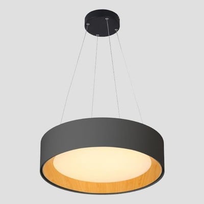 Round Led Black Pendant Light With Oak Wood 30W 30