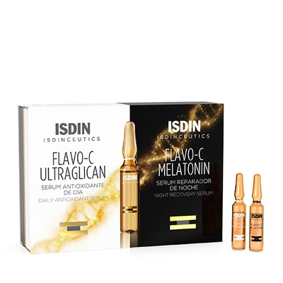 ISDIN Flavo-C Ultraglican Daily Antioxidant Serum 2ml x2 Αμπούλες & Flavo-C Melatonin Night Recovery Serum 2ml x2 Αμπούλες Σετ Που Προστατεύει Την Ημέρα, Επιδιορθώνει Τη Νύχτα