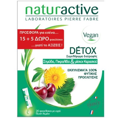 NATURACTIVE Detox Συμπλήρωμα Διατροφής Με Σημύδα, Πικραλίδα & Μίσχοι Κερασιού Για Αποτοξίνωση Του Οργανισμού (15+5 Δώρο) x20 Φακελλίσκοι Με Γεύση Λεμόνι