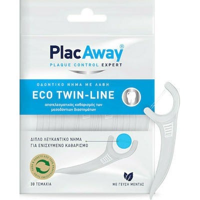 PLAC AWAY Eco Twin-Line Διπλό Λευκαντικό Οδοντικό Νήμα Με Λαβή 30 Τεμάχια 