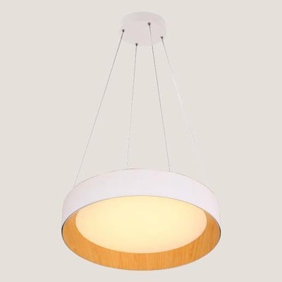Round Led White Pendant Light With Oak Wood 30W 30