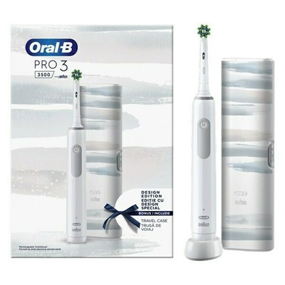 ORAL B Pro 3 3500 White Design Edition Επαναφορτιζόμενη Ηλεκτρική Οδοντόβουρτσα Λευκή Με Θήκη Ταξιδίου