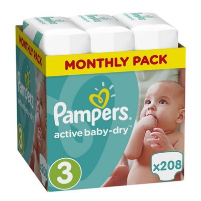 PAMPERS Βρεφικές Πάνες Active Baby Dry No.3 5-9Kgr 208 Τεμάχια Monthly Pack
