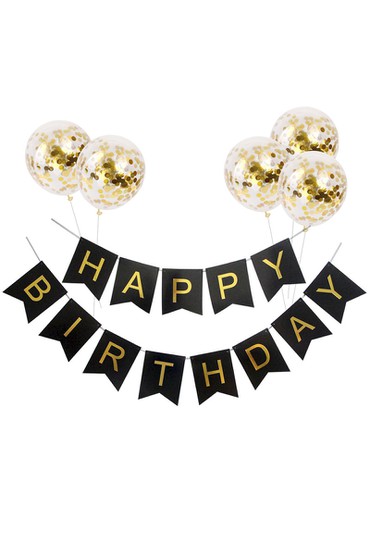 Happy Birthday banner μαύρο με μπαλόνια που έχουν χρυσό confetti