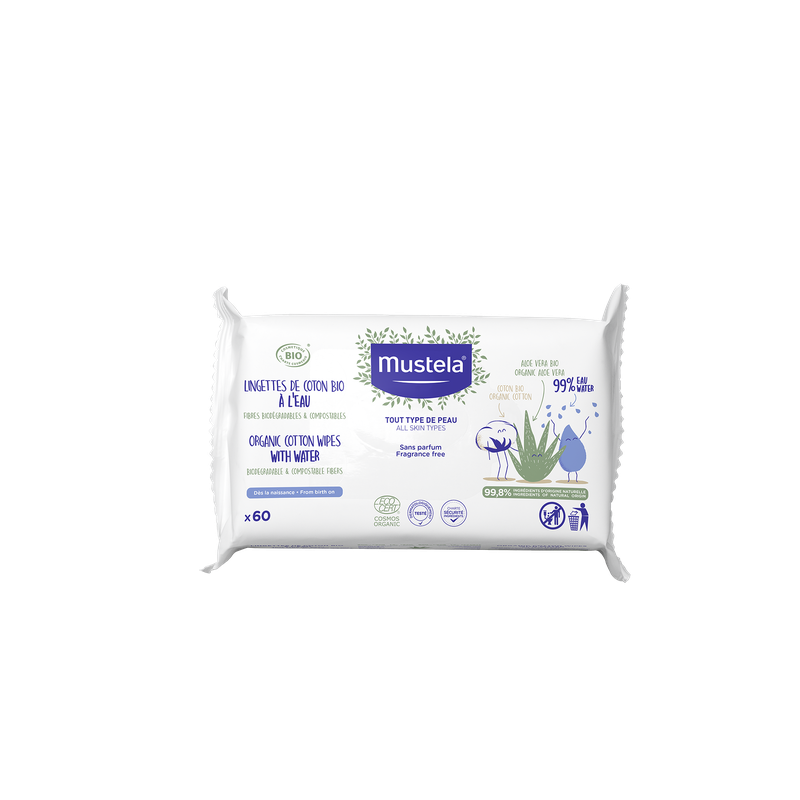Organic Cotton Wipes with water Mustela® Μωρομάντηλα Kαθαρισμού με βιολογικό βάμβακι και νερό