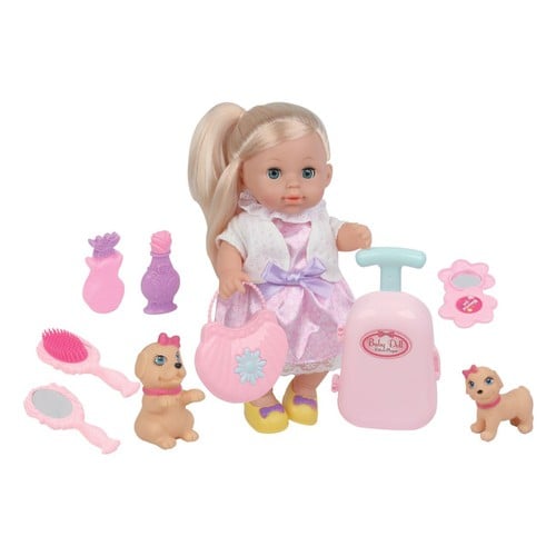 Set kukull me 2 qenushe dhe aksesore ngjyre roze