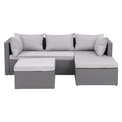 Corner set Wicker, Γωνία με Σκαμπό, Απόχρωση Ανοιχ