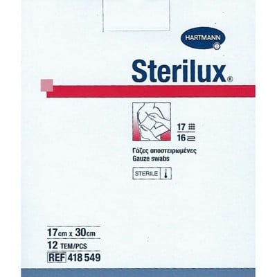 HARTMANN Sterilux ES Γάζες Αποστειρωμένες Φαρμακείου, Βαμβακερές Υπεραπορροφητικές 17 Κλωστών 16πλή 17x30cm x12 Τεμάχια