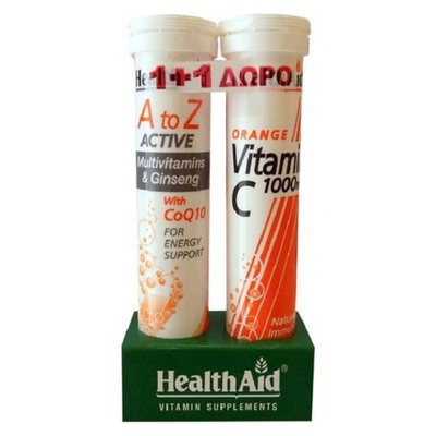 Health Aid - Α to Ζ Αctive Multivitamins με Τζίνσενγκ & Q10 - 20eff.tabs + Vitamin C 1000mg Πορτοκάλι - 20eff.
