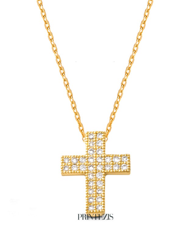 Σταυρός Xρυσός Κ18 με Διαμάντια και Αλυσίδα 