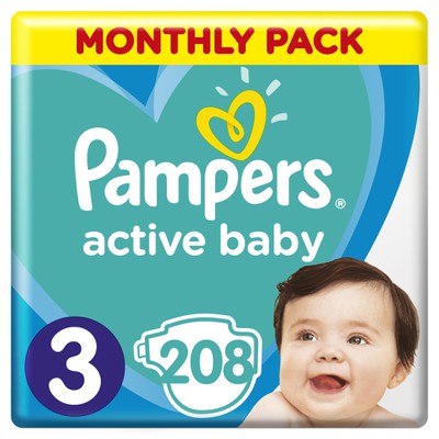 Pampers - Active Baby Πάνες Μέγεθος 3 (6-10 kg), 208 Πάνες (Mega Pack) 