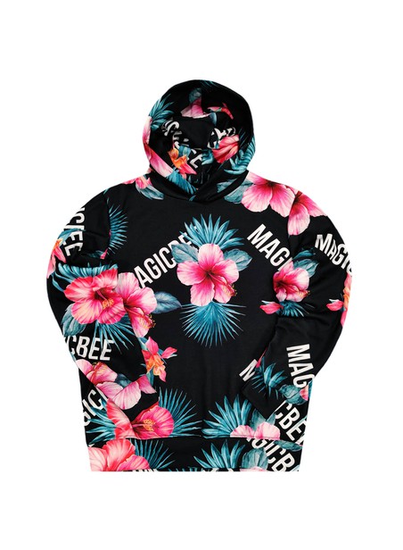 Magicbee detail floral hoodie - black