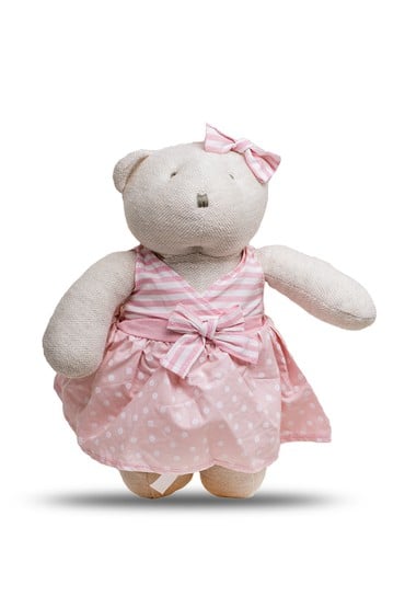 Αρκούδος ροζ ριγέ πουά φόρεμα (20cm.)