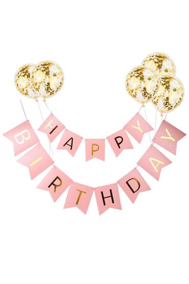 Happy Birthday banner ροζ με μπαλόνια που έχουν χρυσό confetti