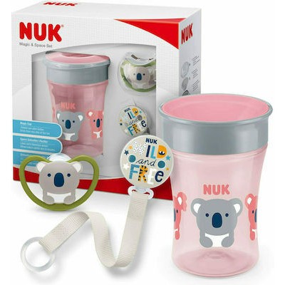 NUK  Magic Cup & Space Σετ Με Eκπαιδευτικό Διαφανές Ποτήρι Κοάλα, 230ml & Κορδέλα Στήριξης & Πιπίλα Space Για 6+ Μηνών Σε Χρώμα Ροζ