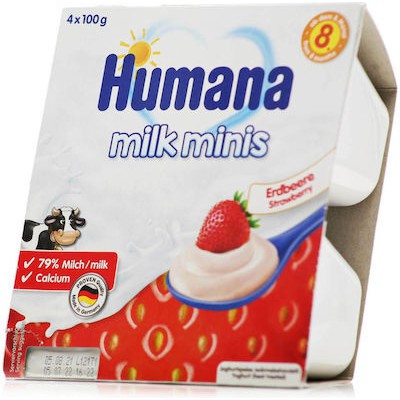 HUMANA Milk Minis Strawberry - Επιδόρπιο Γιαουρτιού Από Τον 8ο Μήνα Με Φράουλα  4x100g