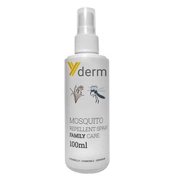 Yderm Mosquito Repellent Spray Family Care 100ml, Λοσιόν Εμπλουτισμένη Με Αιθέρια Έλαια Από Σιτρονέλλα , Γεράνι, Χαμομήλι, Με Ευχάριστο Άρωμα