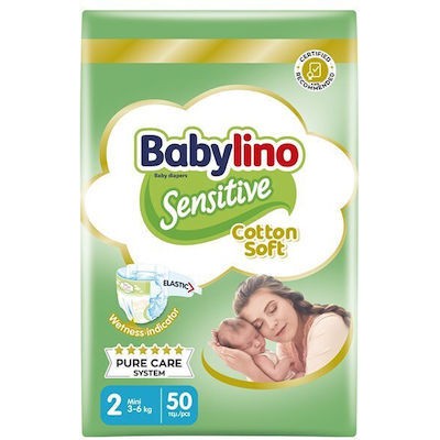 BABYLINO Sensitive Cotton Soft Nο.2 (3-6 kg) Value Pack Απορροφητικές & Πιστοποιημένα Φιλικές Βρεφικές Πάνες 50 Tεμάχια