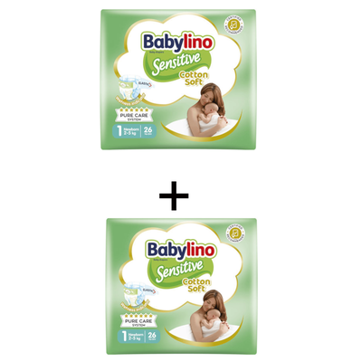 BABYLINO Sensitive Cotton Soft Πάνες Με Αυτοκόλλητο 1+1 No.1 Για 2-5kg 52 Τεμάχια (26+26)